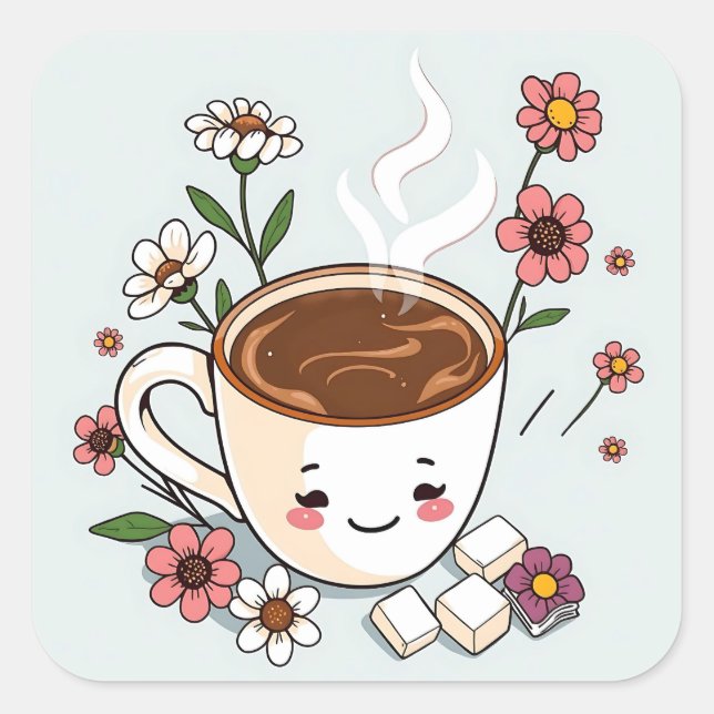 Sticker Carré Café mignon et fleurs capricieuses (Devant)