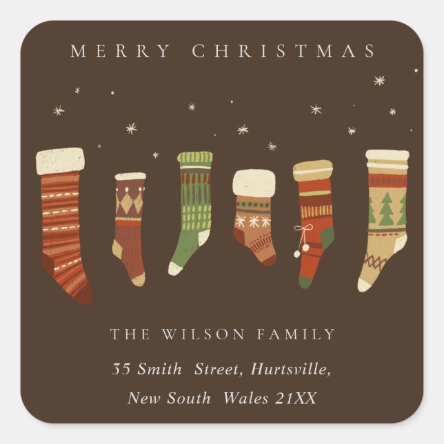STICKER CARRÉ CAFÉ RED GREEN STAR CHIRSTMAS STOCKINES ADRESSE (Devant)