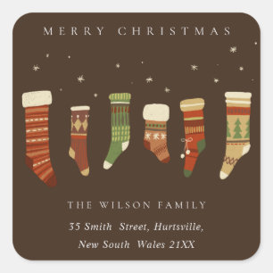 STICKER CARRÉ CAFÉ RED GREEN STAR CHIRSTMAS STOCKINES ADRESSE