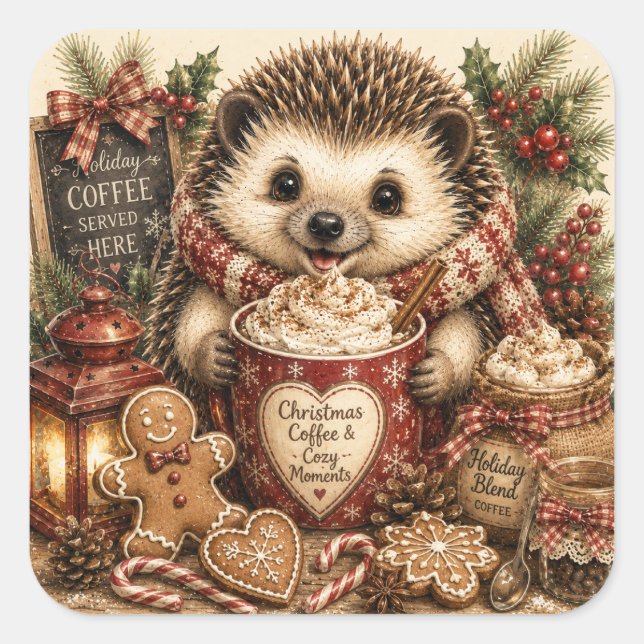 Sticker Carré Cafetière de Noël Hérisson Cozy Vacances (Devant)