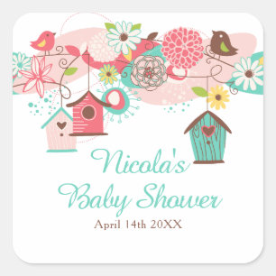 Sticker Carré Cages à oiseaux floraux rose et vert Baby Shower