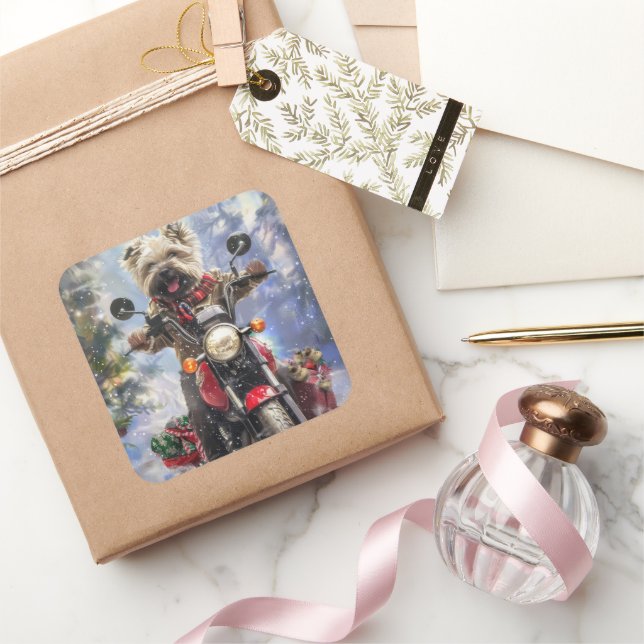 Sticker Carré Cairn Terrier Chien équitation Moto Noël (Cadeaux)