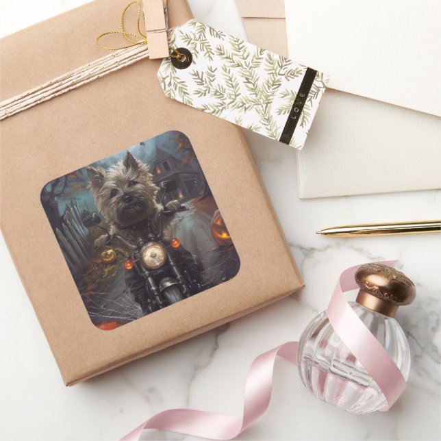 Sticker Carré Cairn Terrier équitation moto Halloween effrayant (Cadeaux)