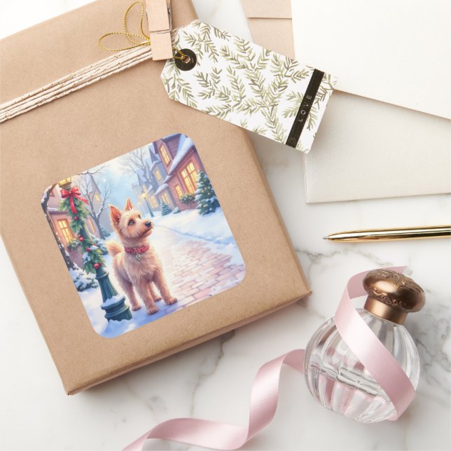 Sticker Carré Cairn Terrier Festive Lamppost Village Christmas (Cadeaux)