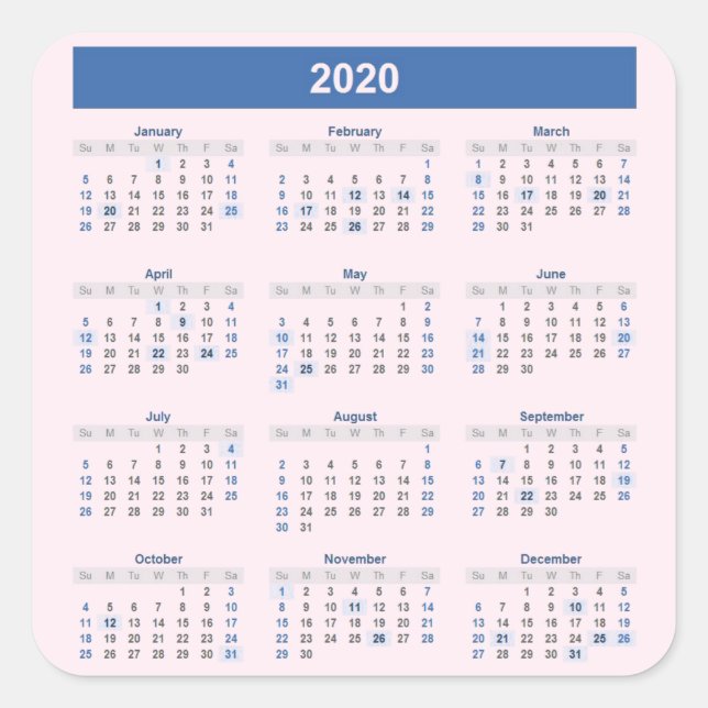 Sticker Carré Calendrier annuel 2020 sur rose pâle (Devant)