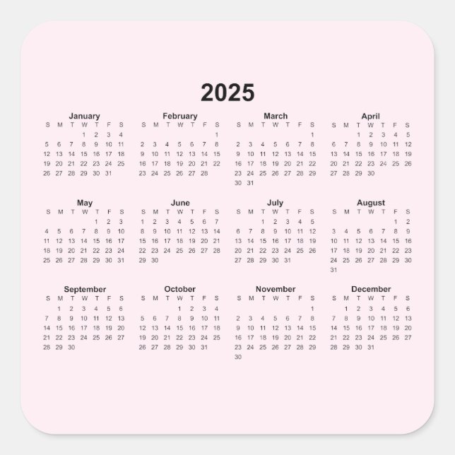 Sticker Carré Calendrier annuel 2025 sur rose pâle (Devant)