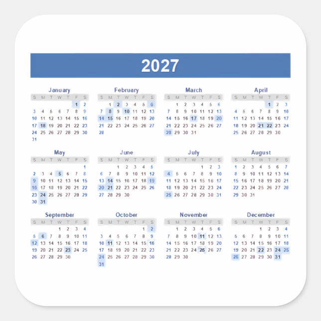 Sticker Carré Calendrier mensuel 2027 version bleue (Devant)