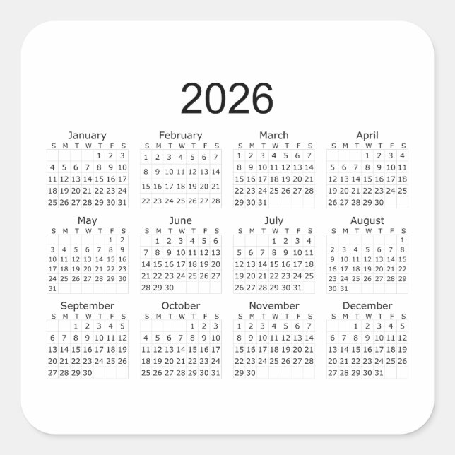 Sticker Carré Calendrier minimaliste simple 2026 (Devant)