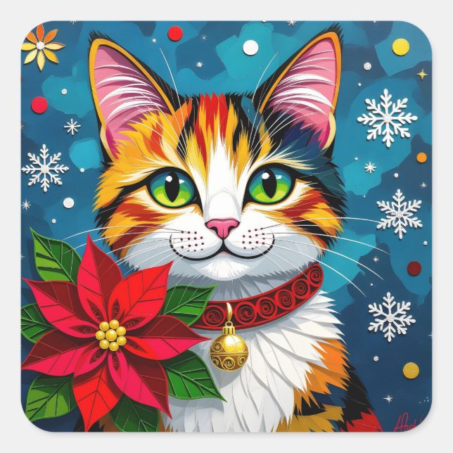 Sticker Carré Calico Cat, Poinsettias and Snowflakes Christmas (Devant)