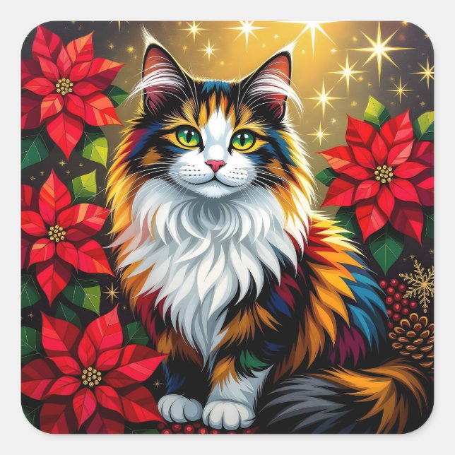 Sticker Carré Calico Cat, Poinsettias Red and Gold Christmas (Devant)