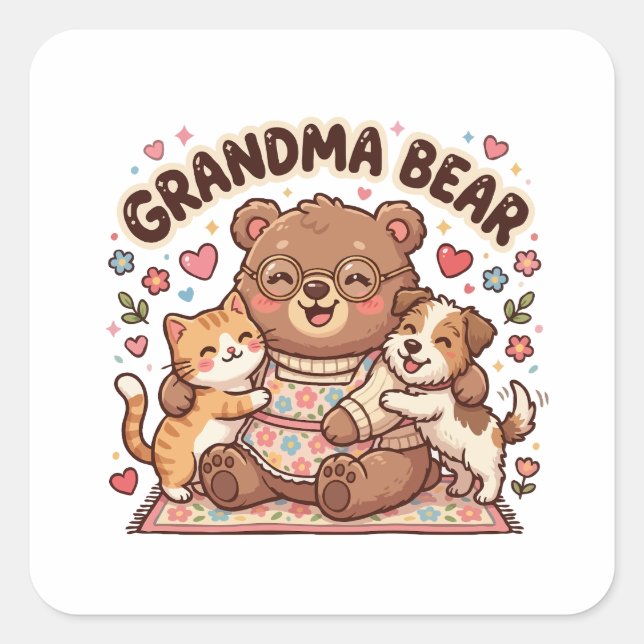 Sticker Carré  Câlin mignon de grand-mère ours (Devant)
