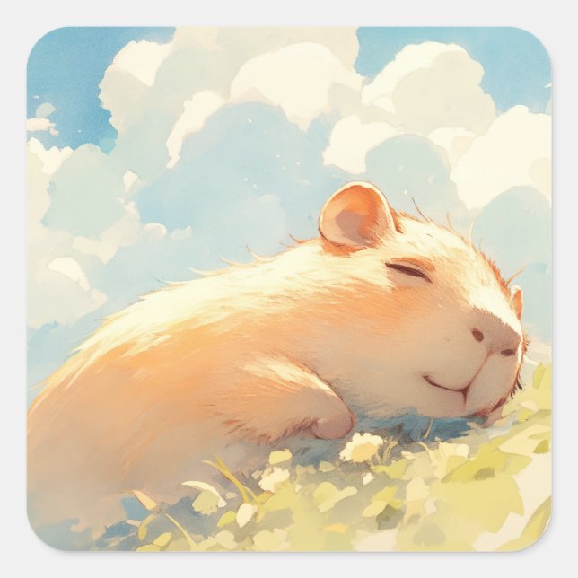 Sticker Carré Câlins de capybaras dans l'herbe (Devant)