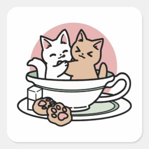 Sticker Carré Câlins de chatons dans une tasse - Thé adorable