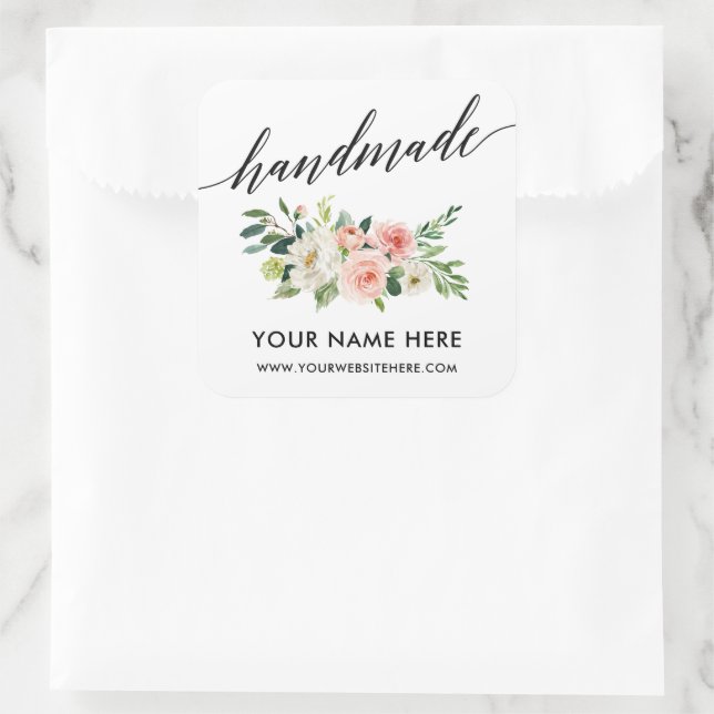 Sticker Carré Calligraphie artisanale rose blanc Floral Petit (Sac)