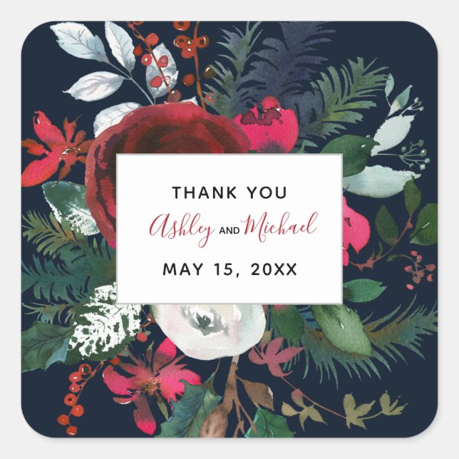 Sticker Carré CALLIGRAPHIE + BLOOM | Date du Mariage de la Bourg (Devant)