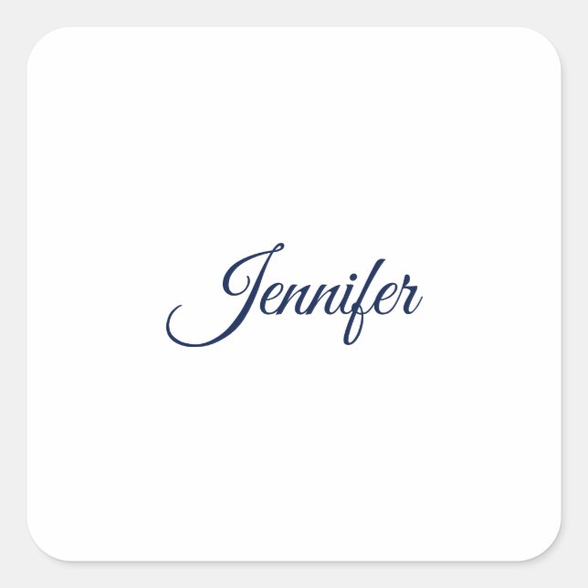 Sticker Carré Calligraphie Élégant Bleu Blanc Simple Nom (Devant)