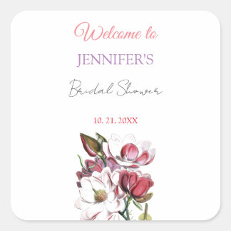 Sticker Carré Calligraphie Élégant Fleurs Bienvenue Bridal Showe