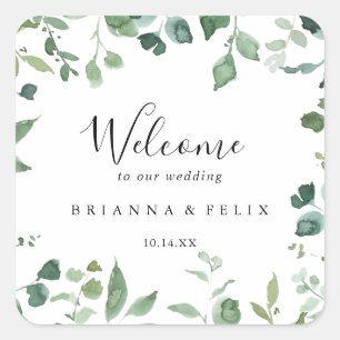 Sticker Carré Calligraphie Script Green Foliage Mariage Bienvenu