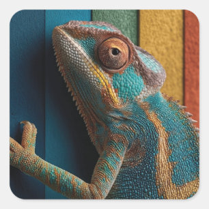 Sticker Carré Caméléon Coloré sur Fond Arc-en-Ciel