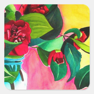 Sticker Carré Camellias rouge avec vert