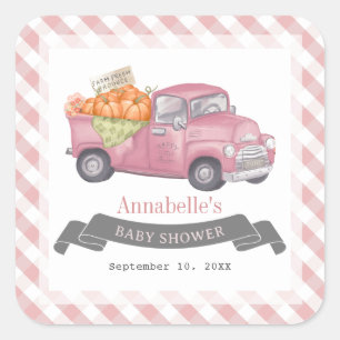 Sticker Carré Camion Citrouille rose En vichy Baby shower fille