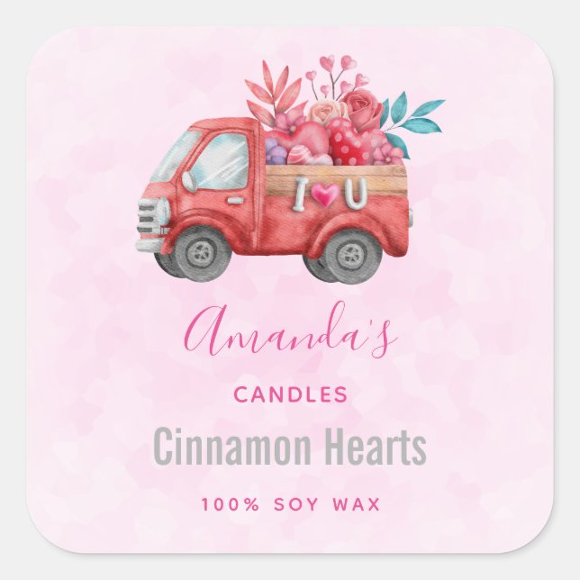Sticker Carré Camion d'amour mignon avec Coeurs et Fleurs Bougie (Devant)