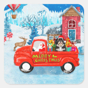 Sticker Carré Camion de livraison de Noël Chien Havanais Neige