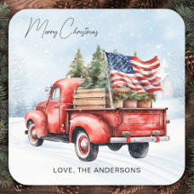 Camion de Noël Rouge Vintage Drapeau USA Patriotiq