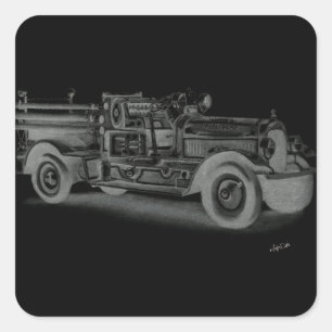 Sticker Carré camion de pompiers vintage dessiné à la main inver