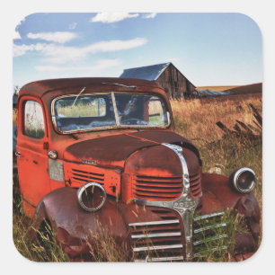 Sticker Carré Camion Dodge orange rouillé avec ferme abandonnée
