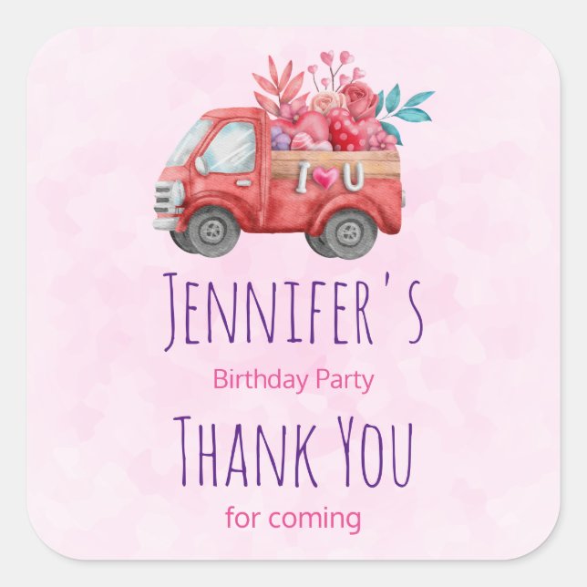 Sticker Carré Camion mignonne d'amour portant Coeurs et Fleurs P (Devant)