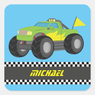 Sticker Carré Camion monstre vert de course Cool pour garçons co