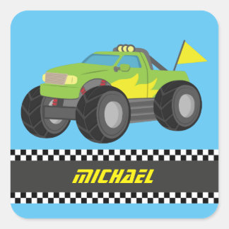 Sticker Carré Camion monstre vert de course Cool pour garçons co