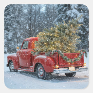 Sticker Carré Camion Red Retro Avec Arbre De Noël Dans Les Flamm