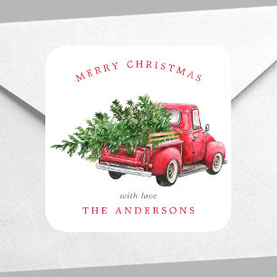 Sticker Carré Camion Rouge Aquarelle Noël Vintage