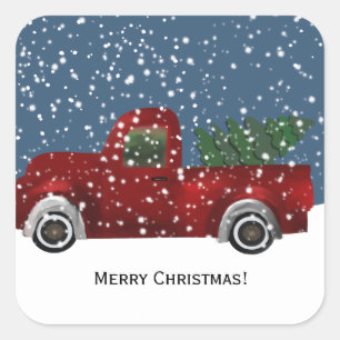 Sticker Carré Camion rouge vintage rétro et sapin de Noël