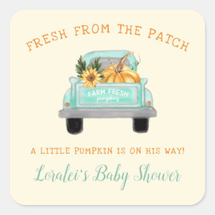 Sticker Carré Camion Vintage avec Baby shower d'automne Citrouil