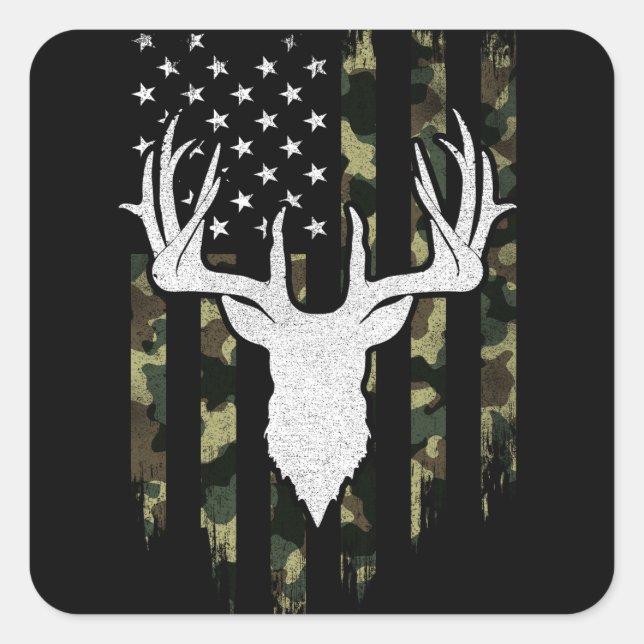 Sticker Carré Camo Us Drapeau Cerf Elk Buck Camoflage Chasse (Devant)