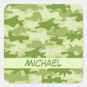 Sticker Carré Camouflage vert foncé en olive Nom Personnalisé