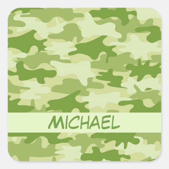 Sticker Carré Camouflage vert foncé en olive Nom Personnalisé (Devant)