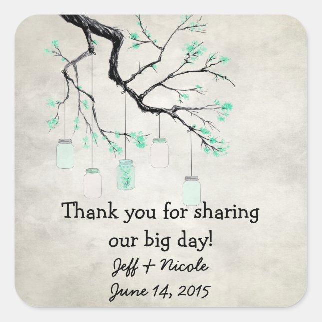 Sticker Carré Campagne Mason Jars en Seafoam Mariage vert (Devant)