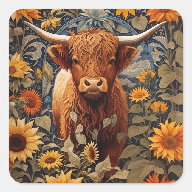 Sticker Carré Campagne rustique Highland Cow Sunflowers (Devant)
