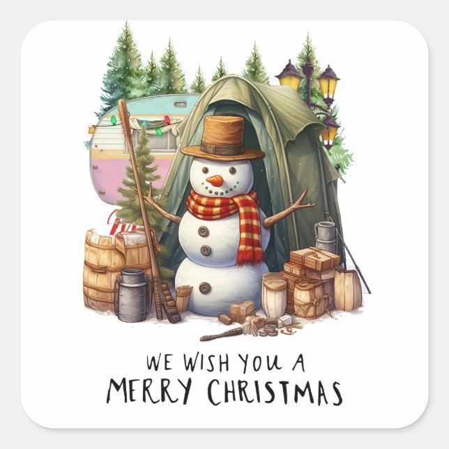 Sticker Carré Camping Snowman Thème de Noël pour Camper (Devant)