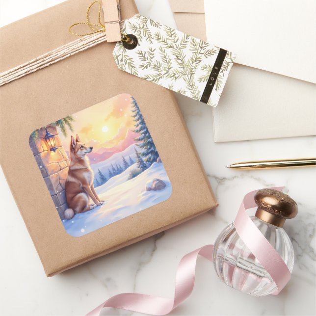 Sticker Carré Canaan Dog Desert Stone Winter Christmas Art (Cadeaux)