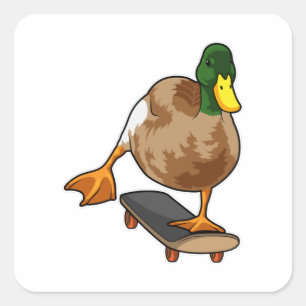 Sticker Carré Canard comme patineur avec skateboard