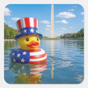 Sticker Carré Canard jouet du 4 juillet dans le bassin réfléchis