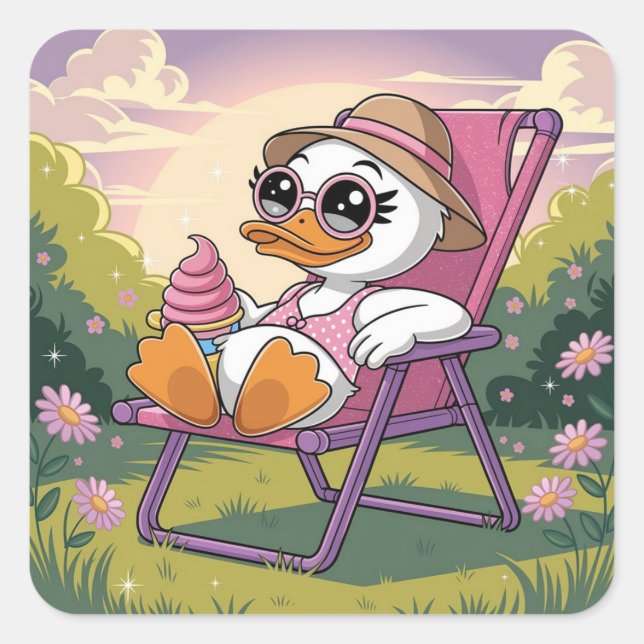 Sticker Carré Canard mangeant la glace d'été (Devant)