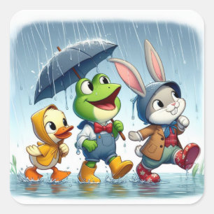 Sticker Carré Canard mignon, grenouille, lapin sous la pluie