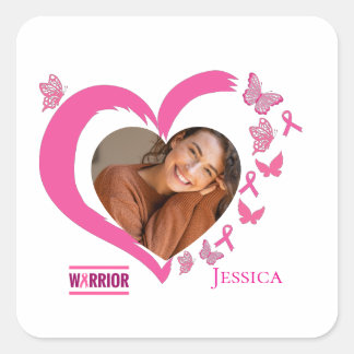 Sticker Carré Cancer du sein moderne Personnalisé Coeur Nom phot