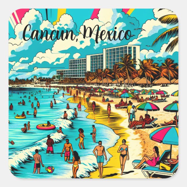 Sticker Carré Cancun, Mexique avec une Vibe pop art (Devant)